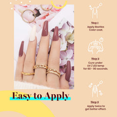 Beetles swatch on hand with nails painted to show true mauve shade in use