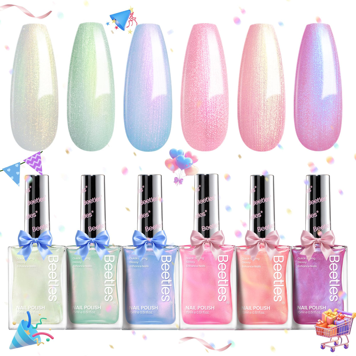 Beetles front packaging showing six mermaid shimmer polishes for instant glam