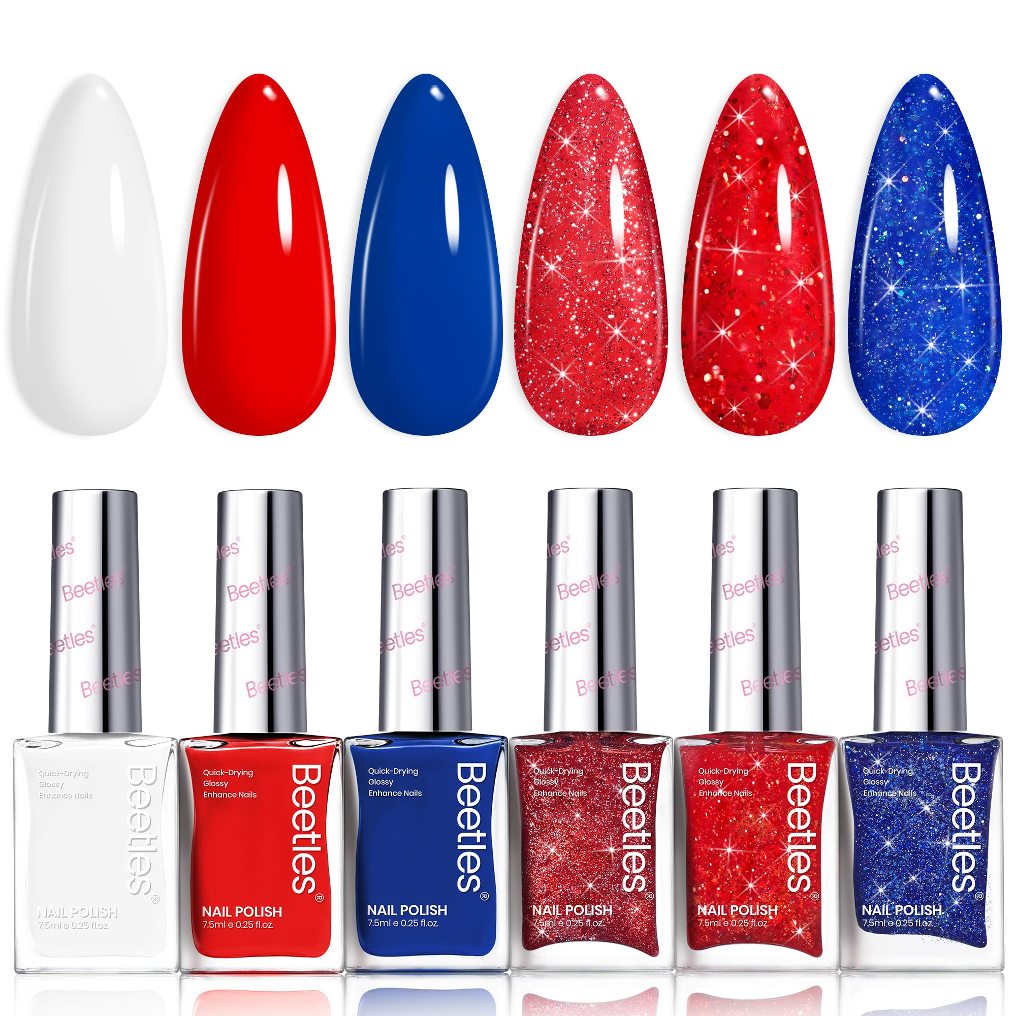 Beetles brand front packaging showing six patriotic polish bottles, convenient set