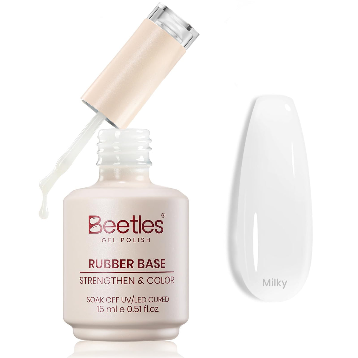 Beetles bottle front view showing milky white rubber base and clean packaging benefit