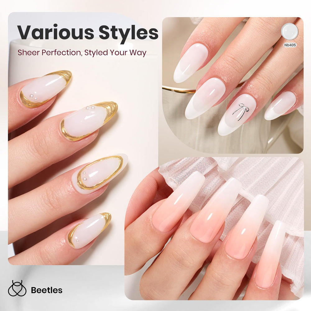 beetles milky white on nail swatch hand showing natural nude effect for everyday wear benefit