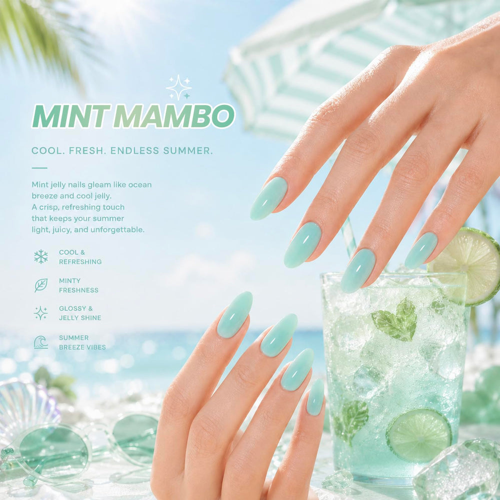 Beetles mint green manicure close-up showing translucent jelly finish benefit
