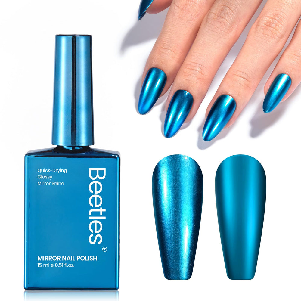 Beetles bottle front view showing metallic blue finish and glossy label benefit