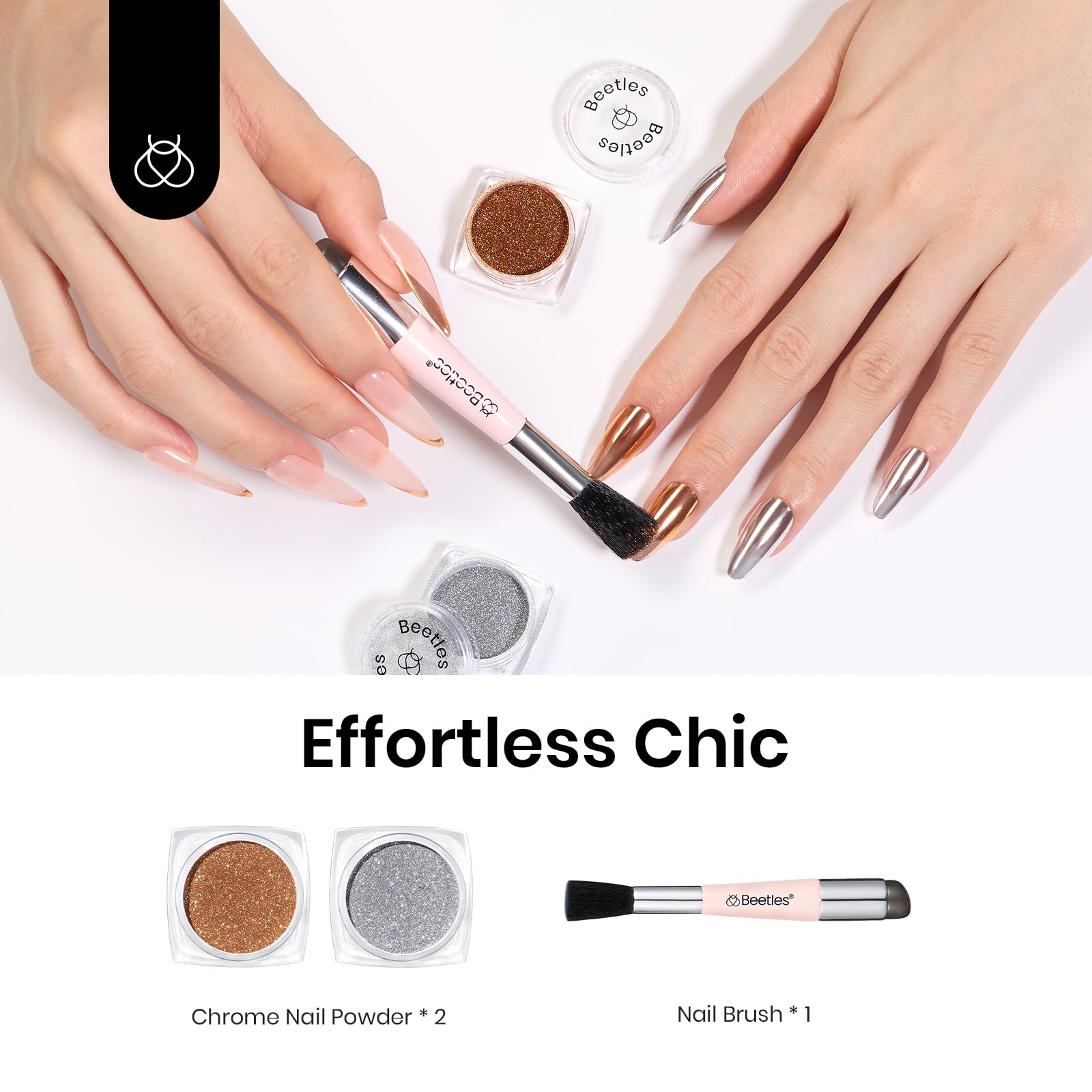 beetles mirror finish on black base nail, dramatic high-contrast reflective look