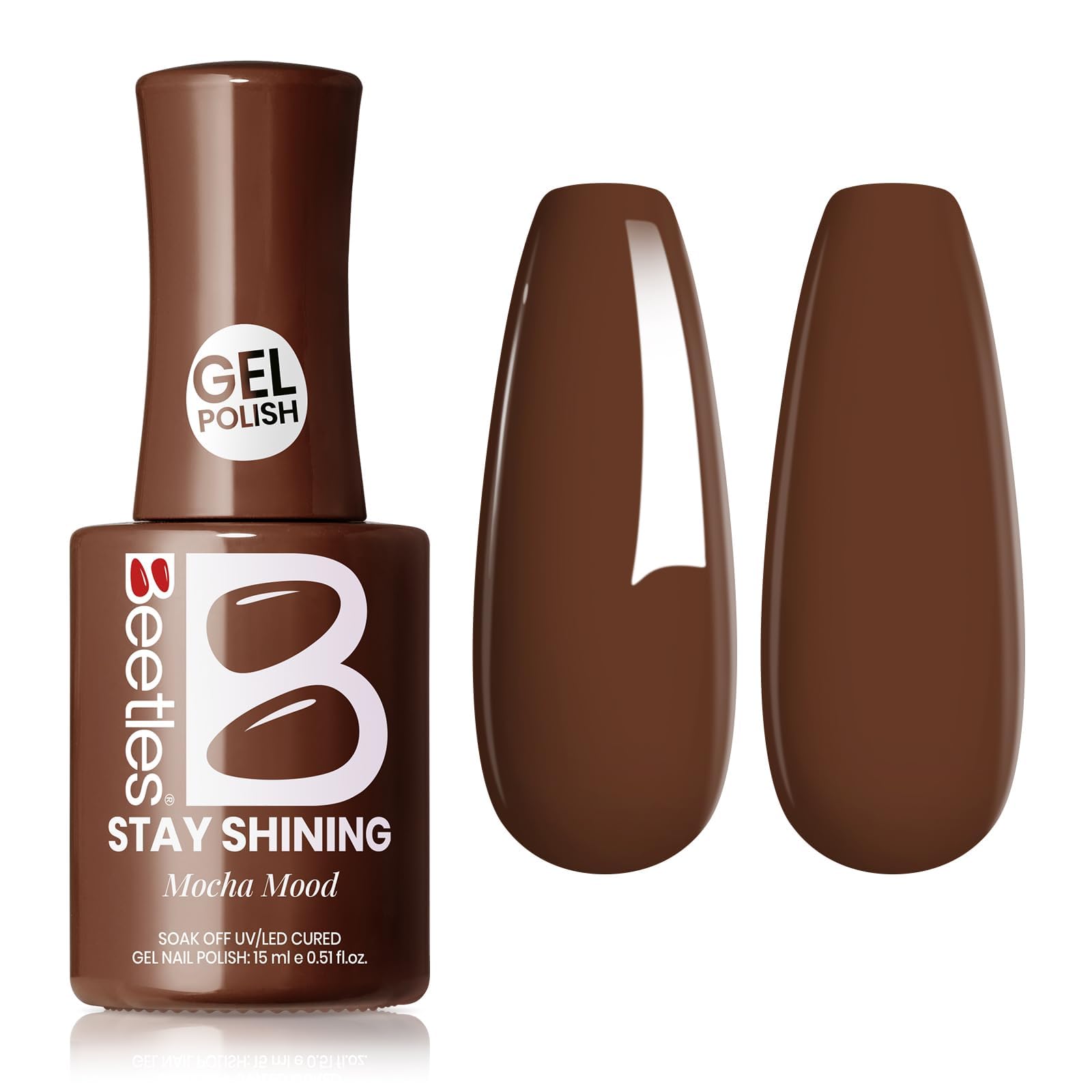 Beetles Gel Polish front bottle showing mocha mood and large 15ml capacity benefit