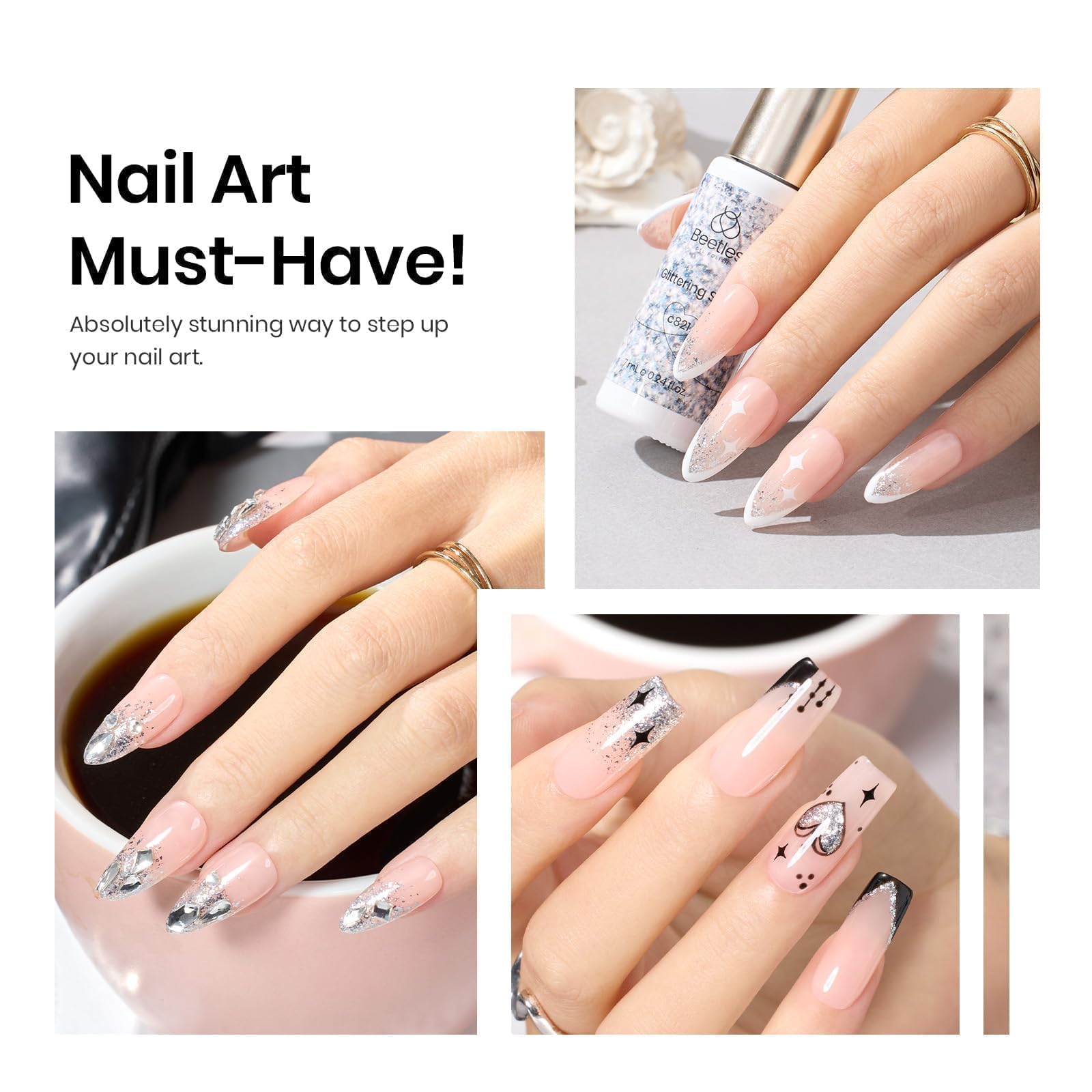 beetles nail art in use applying silver liner for crisp metallic accents