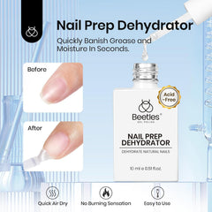 Beetles Gel Polish nail dehydrator bottle emphasizing oil removal benefit