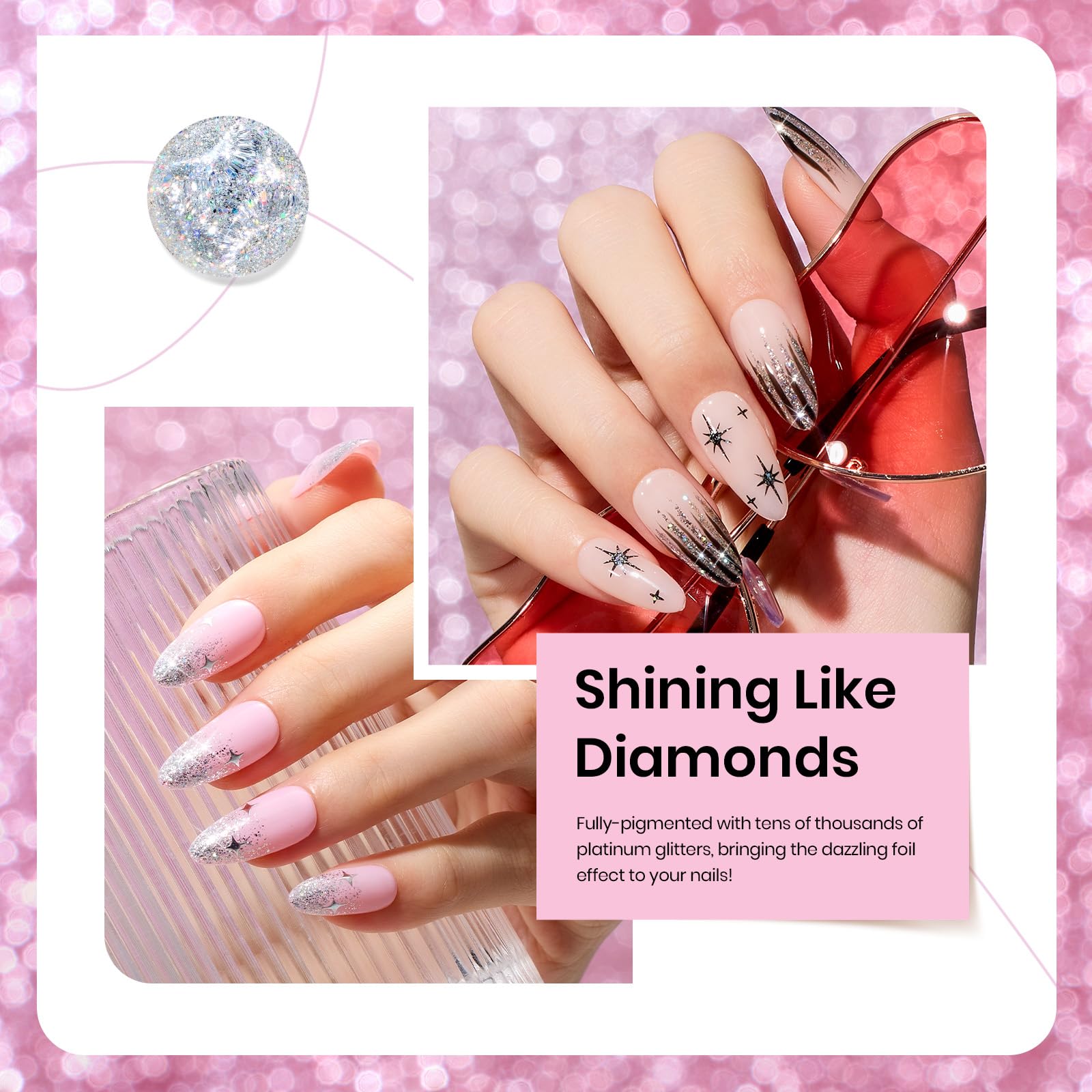 Beetles Gel Polish applied on a model nail studio shot demonstrating cured sparkle and shine