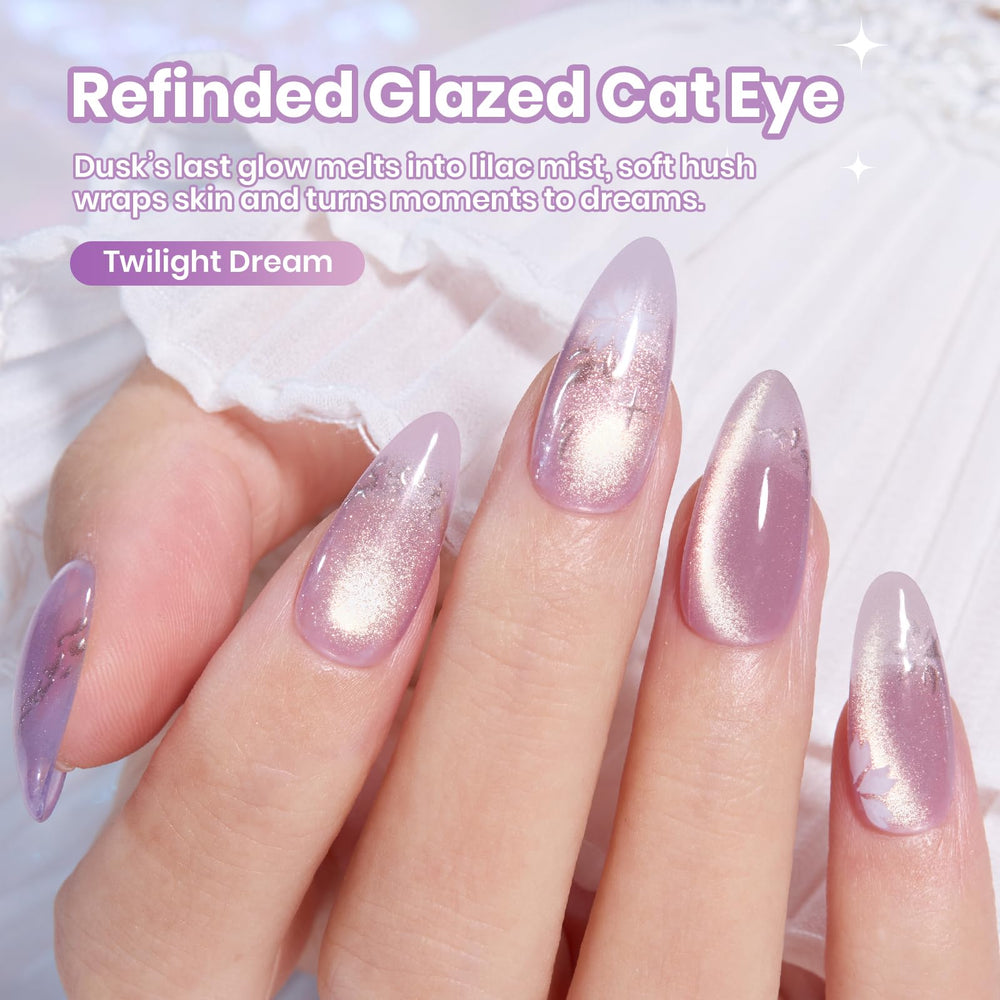 Beetles nail swatch on hand model showing reflective purple shimmer and salon finish