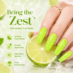 Beetles nail swatch on model hand displaying vibrant lime manicure