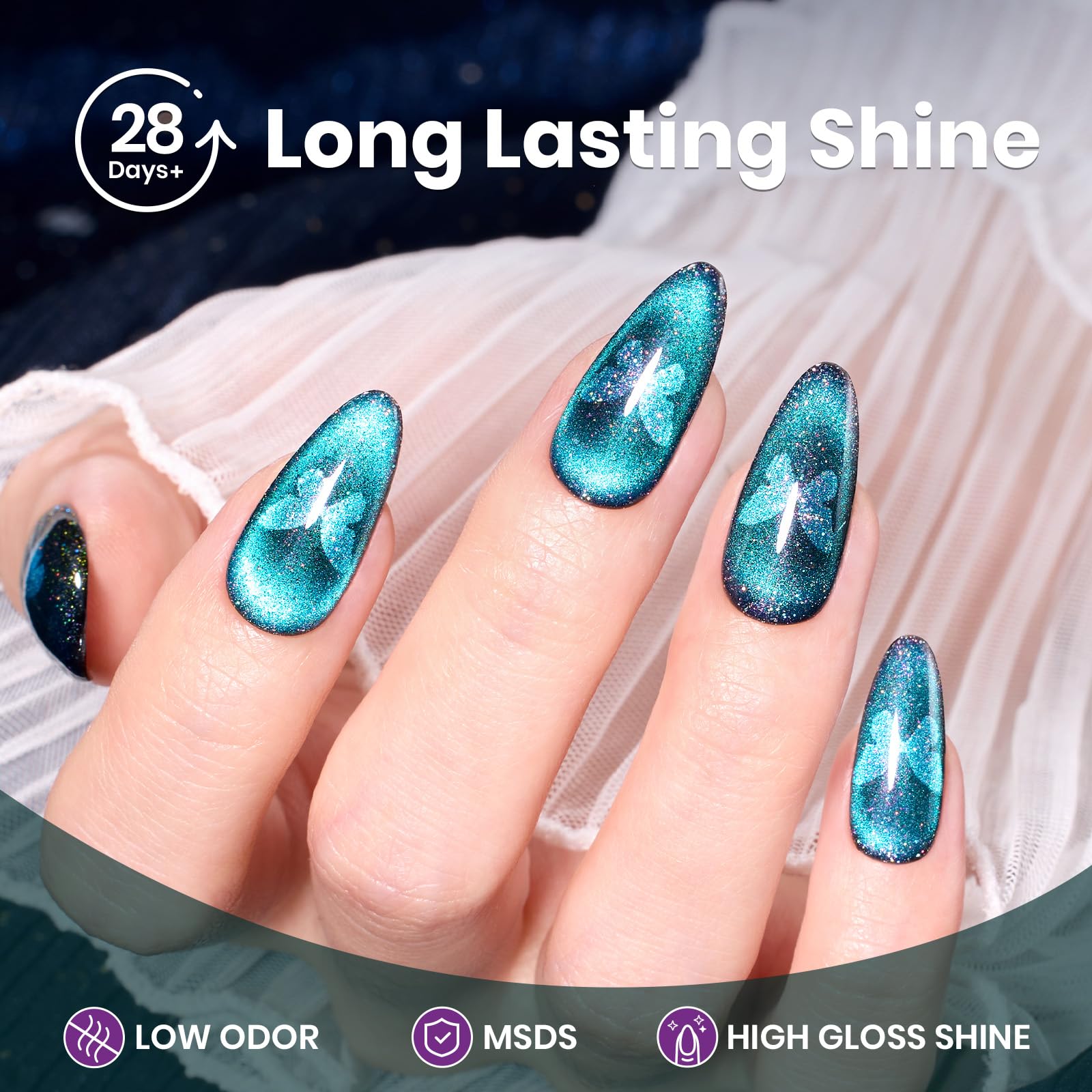 Beetles nail swatch on tips showing blue-to-purple color shift for visible depth