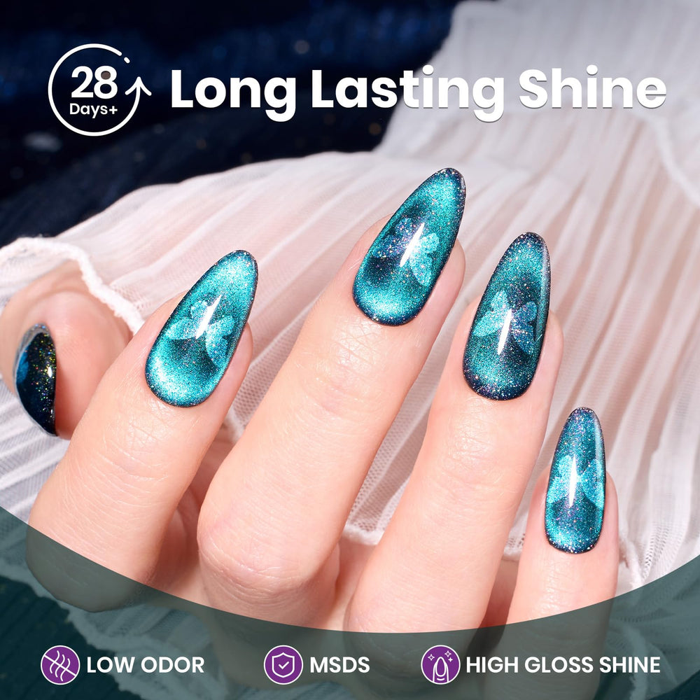 Beetles nail swatch on tips showing blue-to-purple color shift for visible depth