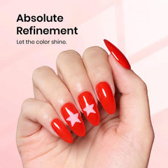 Beetles swatch on nail tip showing vibrant red payoff and glossy finish