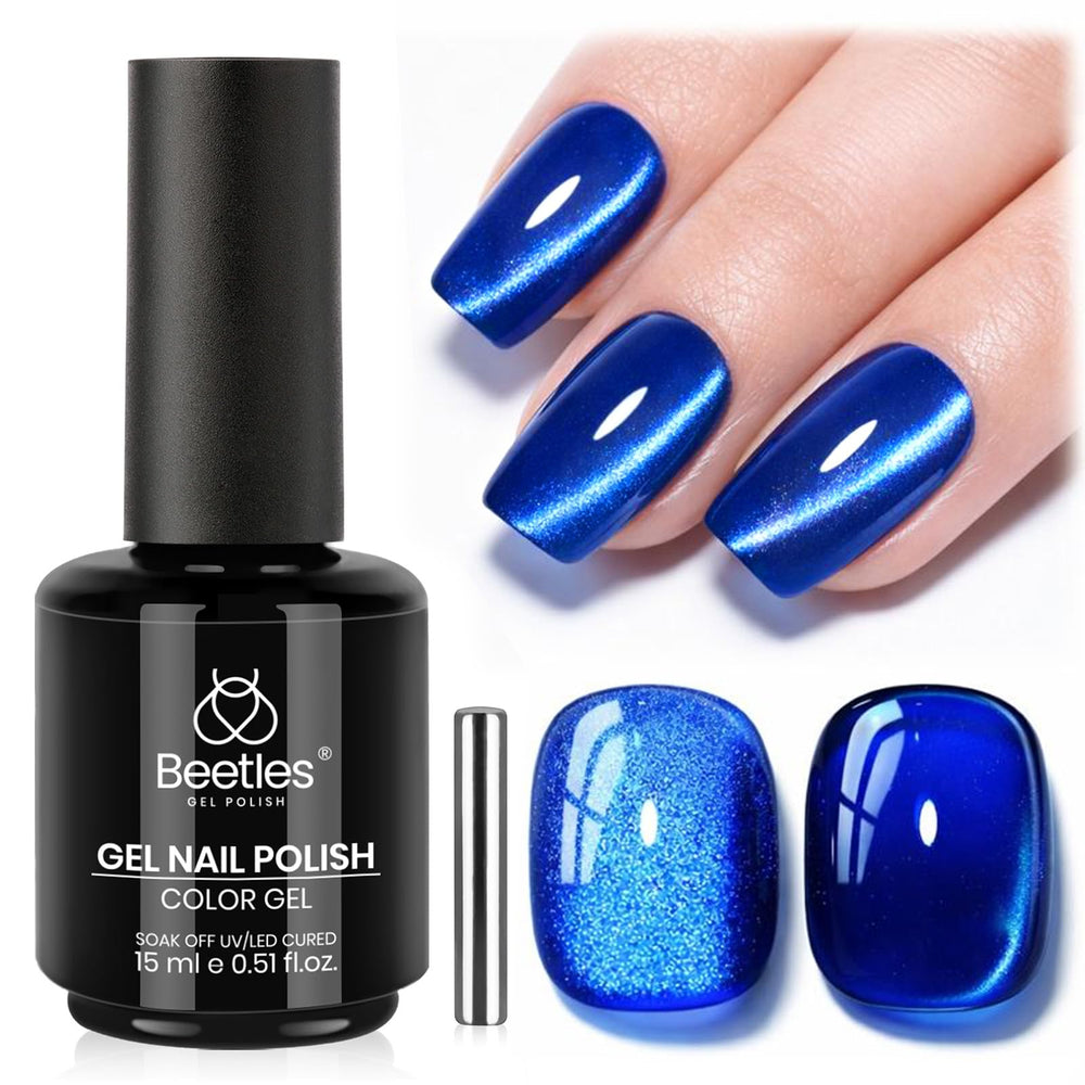 beetles bottle front view showing deep navy shade and shimmer benefit