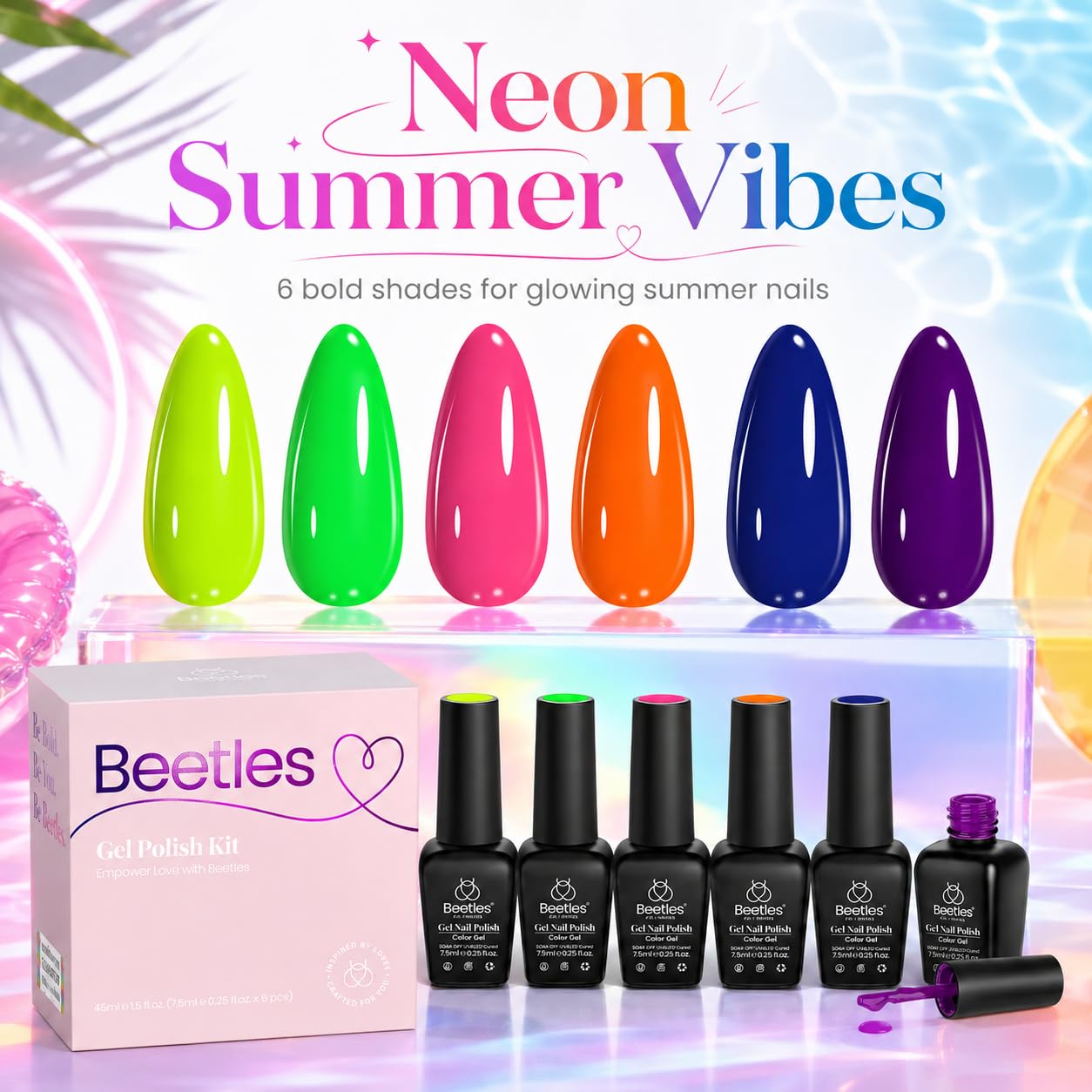 beetles six bottles lined up highlighting color variety and shine
