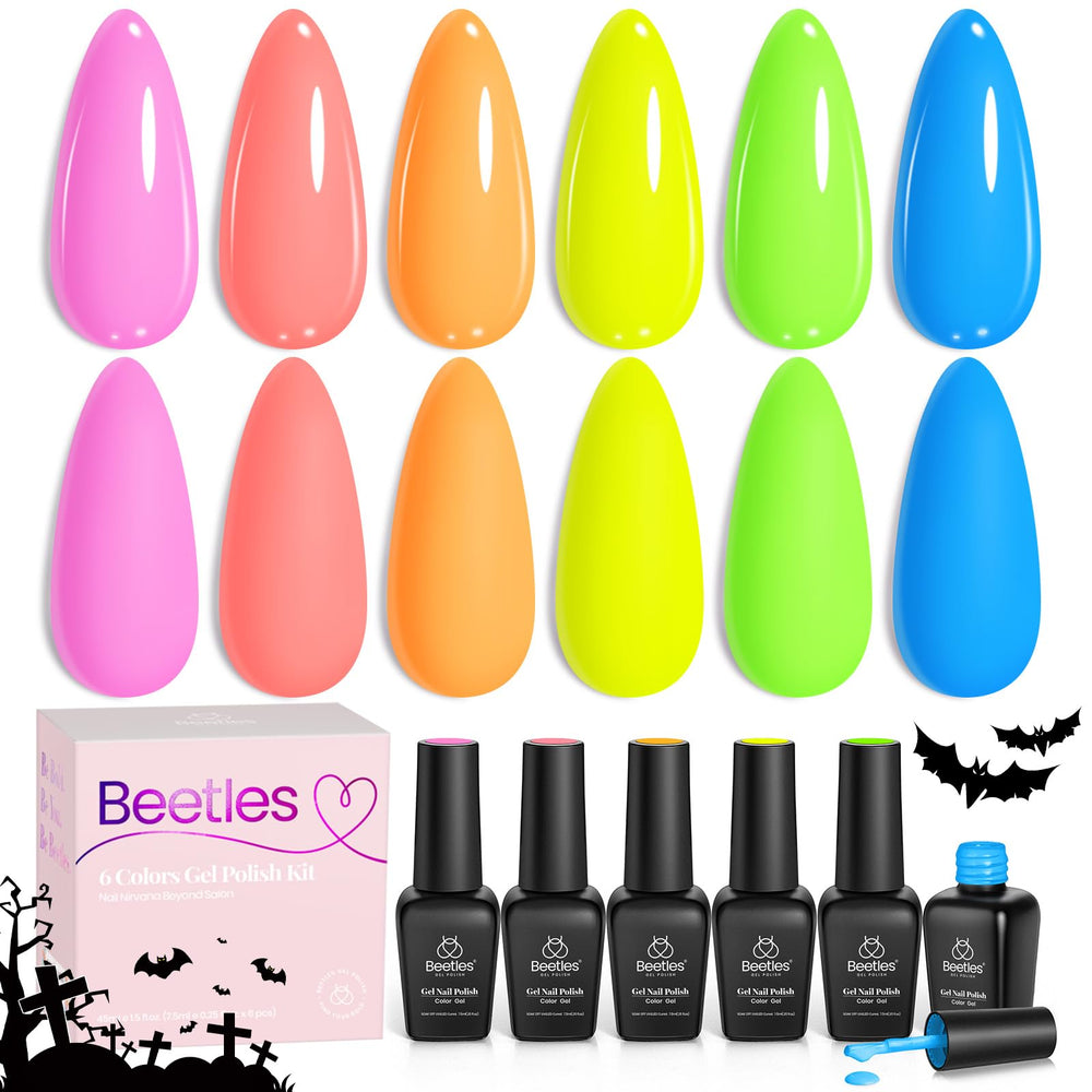 Beetles neon color gradient nail art highlighting seamless blends for creative designs