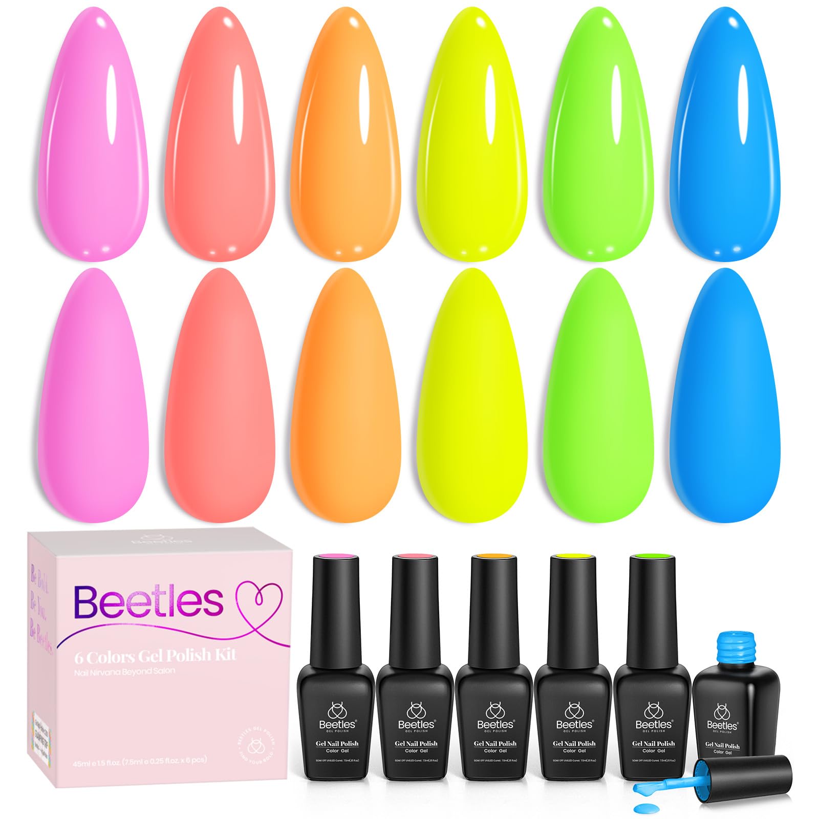 Beetles neon front packaging showing six colorful bottles and clear labeling for easy selection