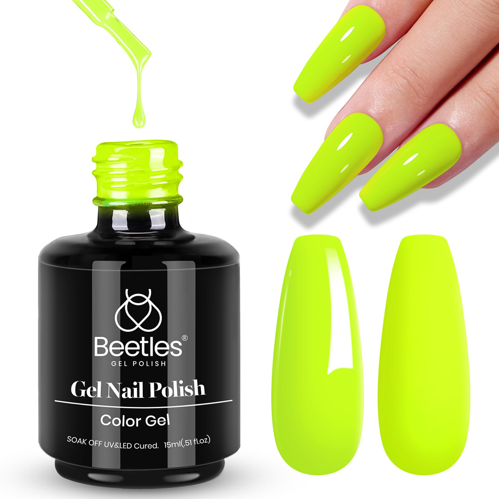 Beetles neon green front bottle shows vibrant lime color and clear label benefit