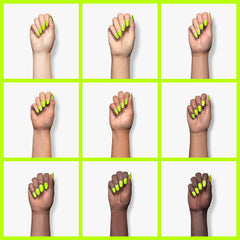 Beetles neon green on a nail tip illustrating cured shine and long-lasting wear