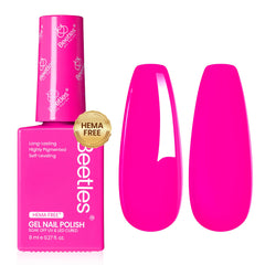 Beetles bottle front view showing neon pink shade and label, easy shade ID