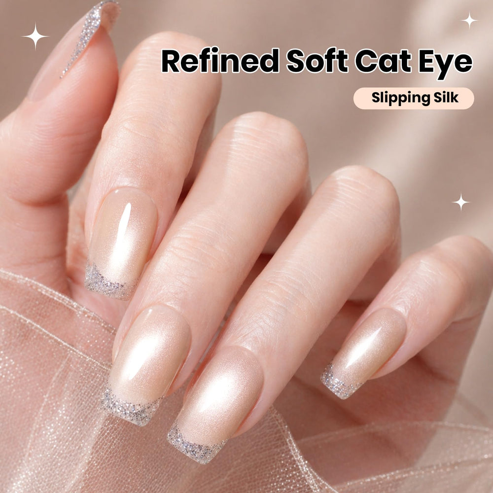 Close-up nails with Beetles polish showing fine shimmer and polished finish