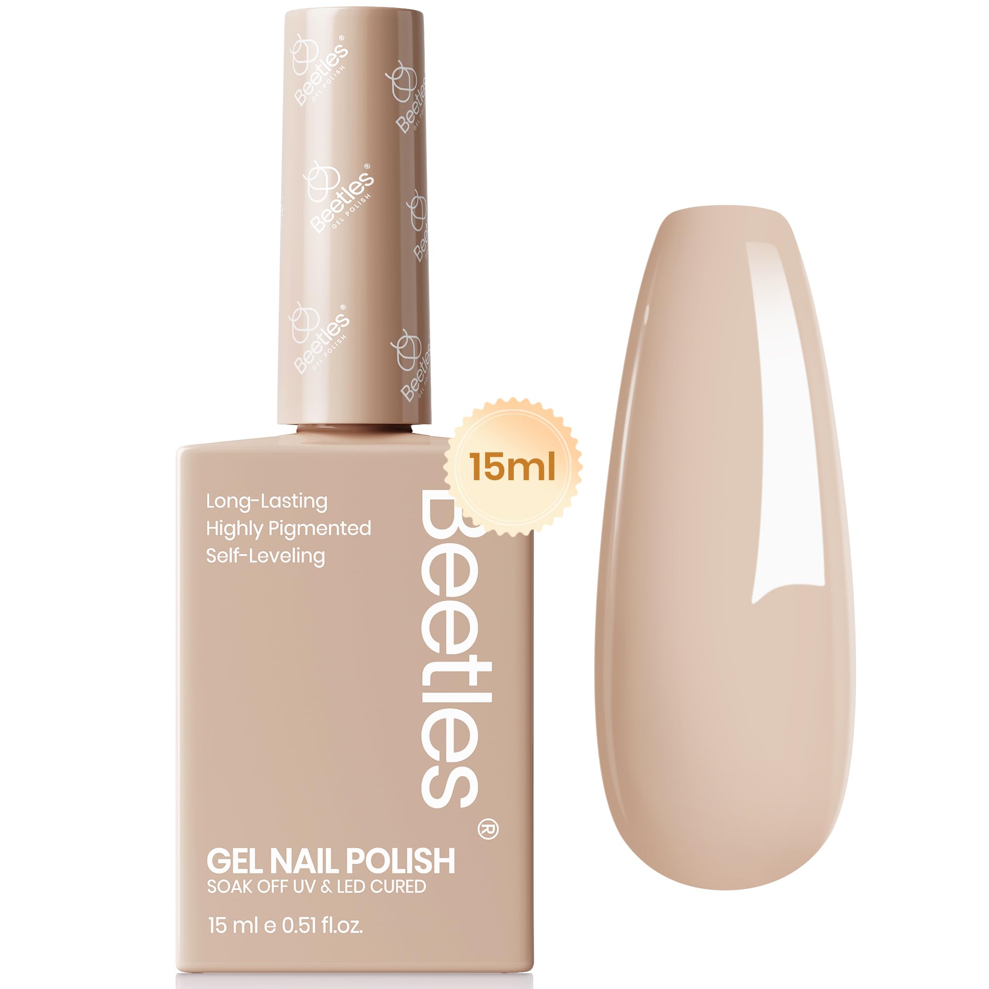 beetles bottle front view showing tan-beige polish and neat packaging benefit easy identification
