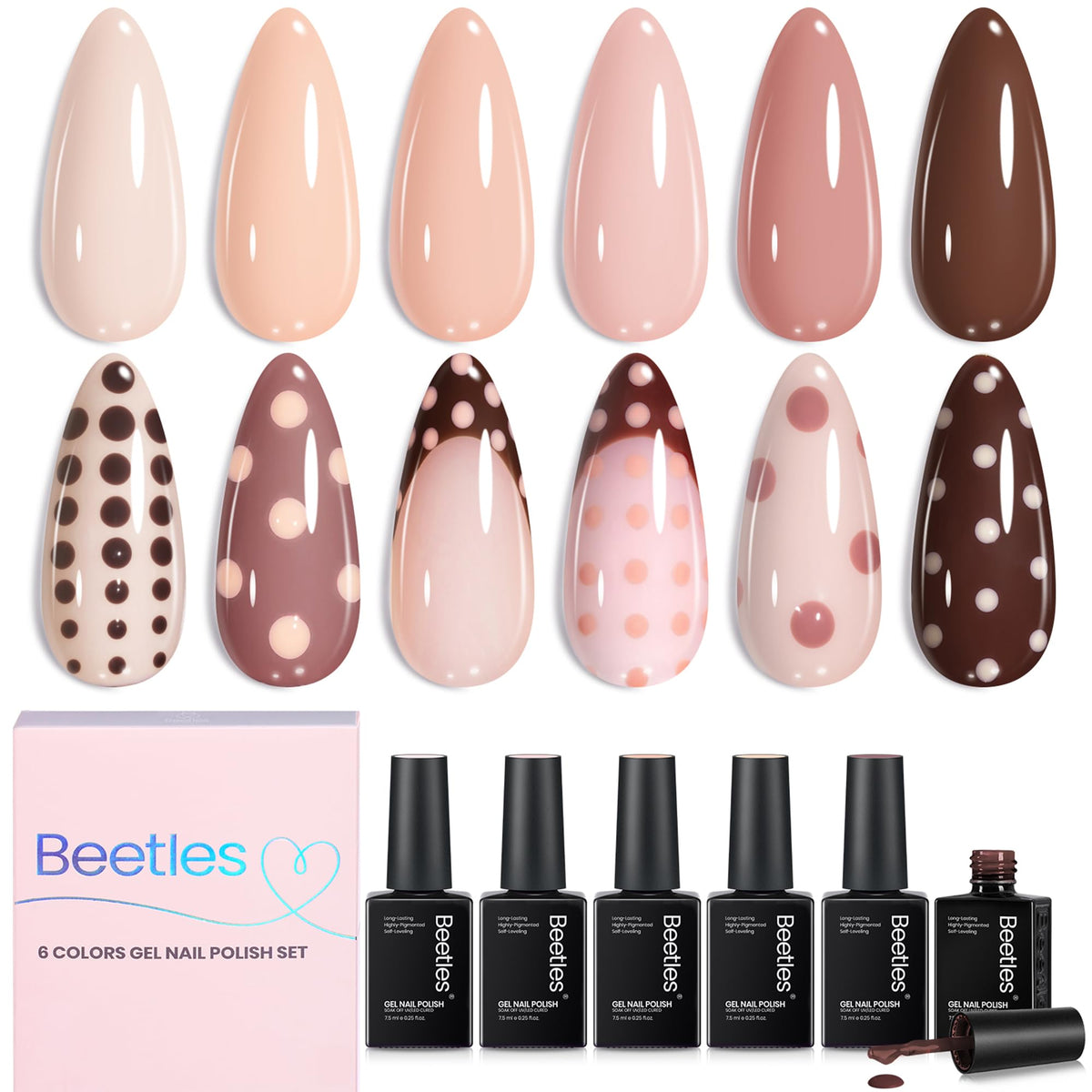 Beetles front packaging showing six nude gel polish bottles, professional gift-ready