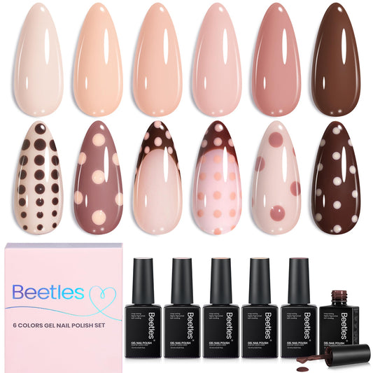 Beetles front packaging showing six nude gel polish bottles, professional gift-ready