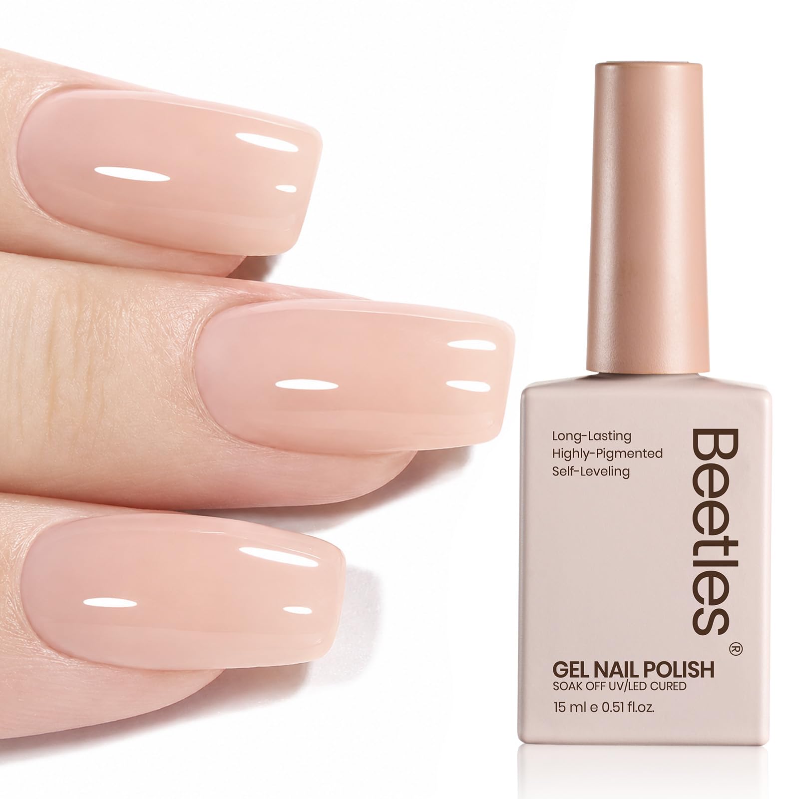 Beetles bottle front view showing nude pink color and compact 15ml size benefit
