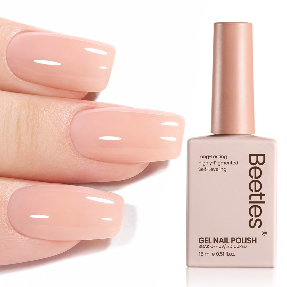 Beetles bottle front view showing nude pink color and compact 15ml size benefit