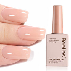 Beetles bottle front view showing nude pink color and compact 15ml size benefit