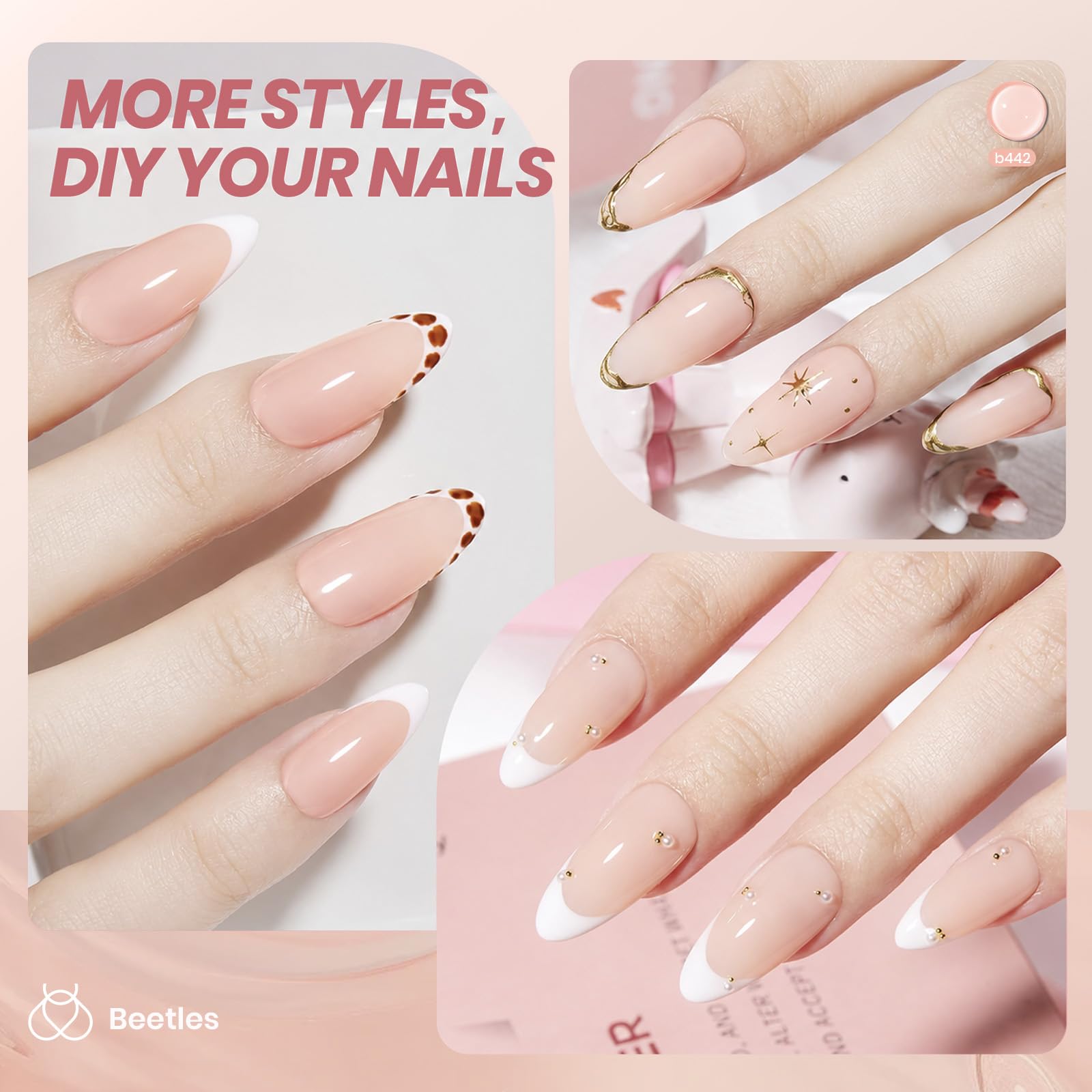 Beetles on short nails in French-style manicure showing natural, elegant look