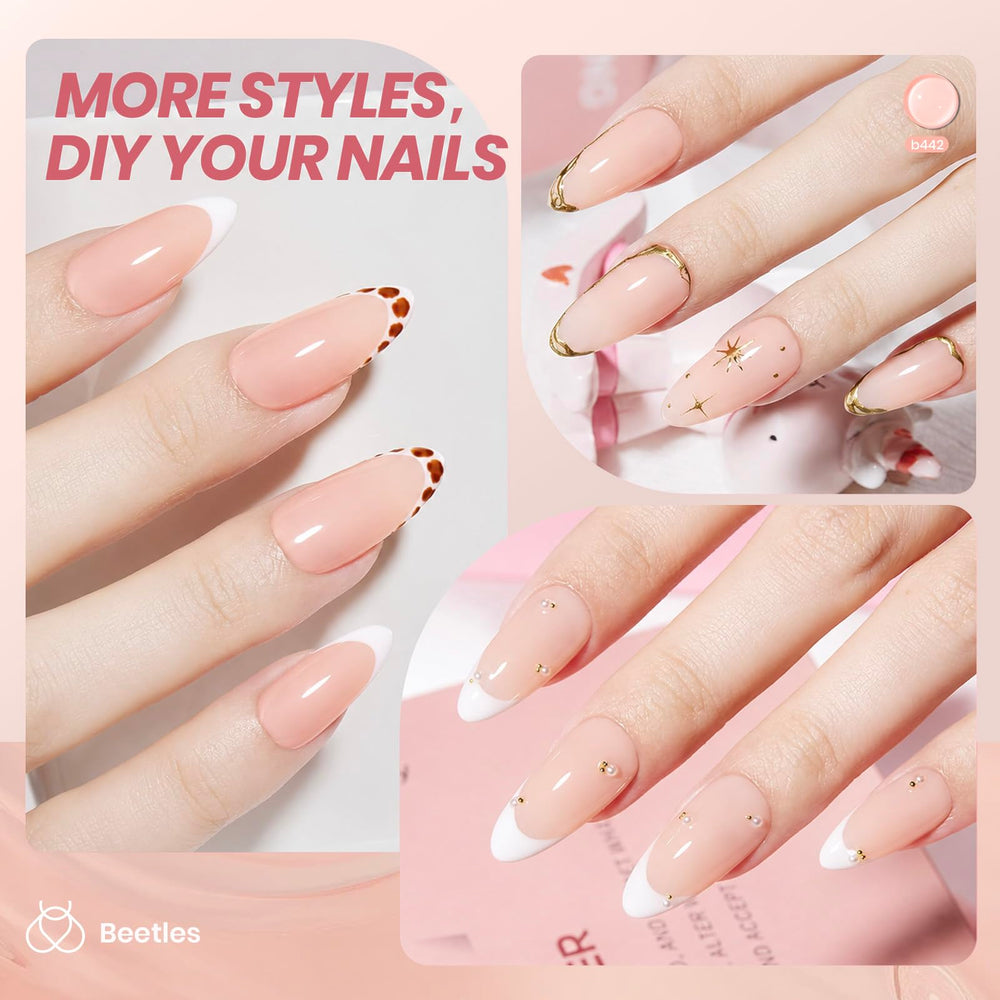 Beetles on short nails in French-style manicure showing natural, elegant look