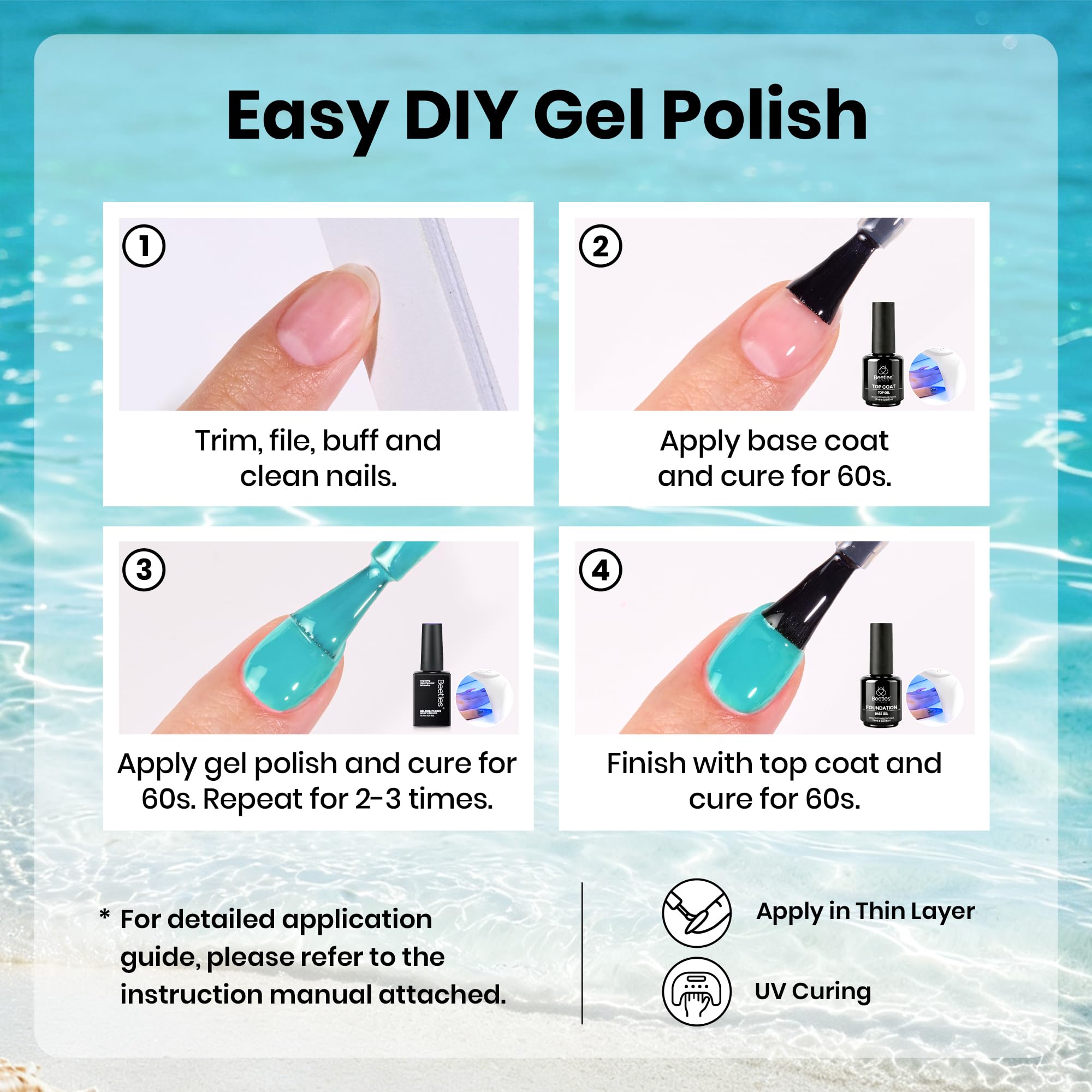 beetles Gel Polish ombre nail art detail showing blended teal-to-aqua gradient