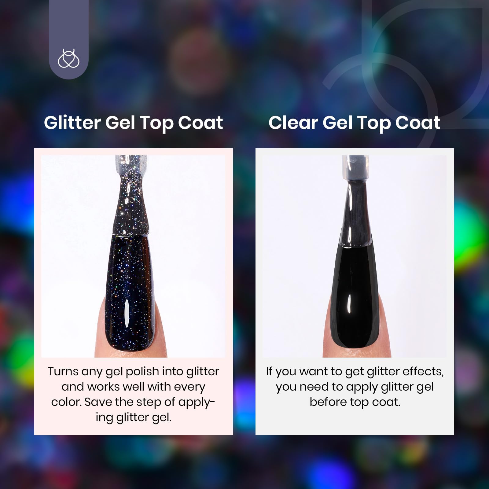 Beetles top coat on light nail swatch revealing prism sparkle and glossy shine