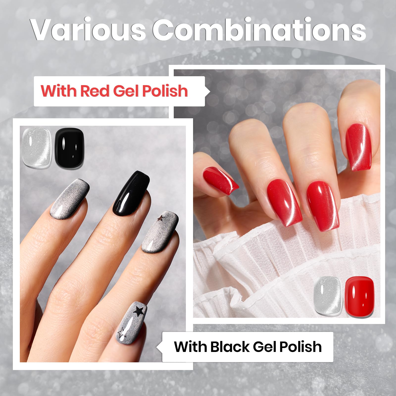 Beetles on nails French art example with silver cat eye tips, showcases elegant manicure idea