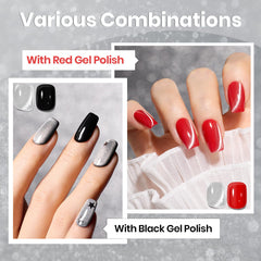 Beetles on nails French art example with silver cat eye tips, showcases elegant manicure idea