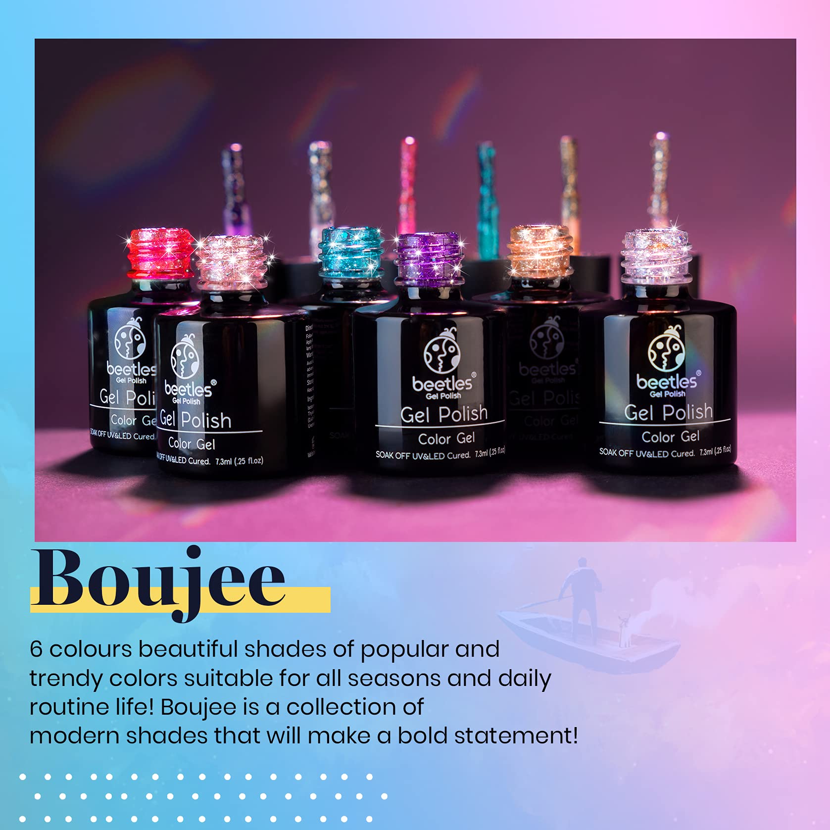 Beetles open bottles highlighting six pink silver gold and iridescent glitter gel shades for choice