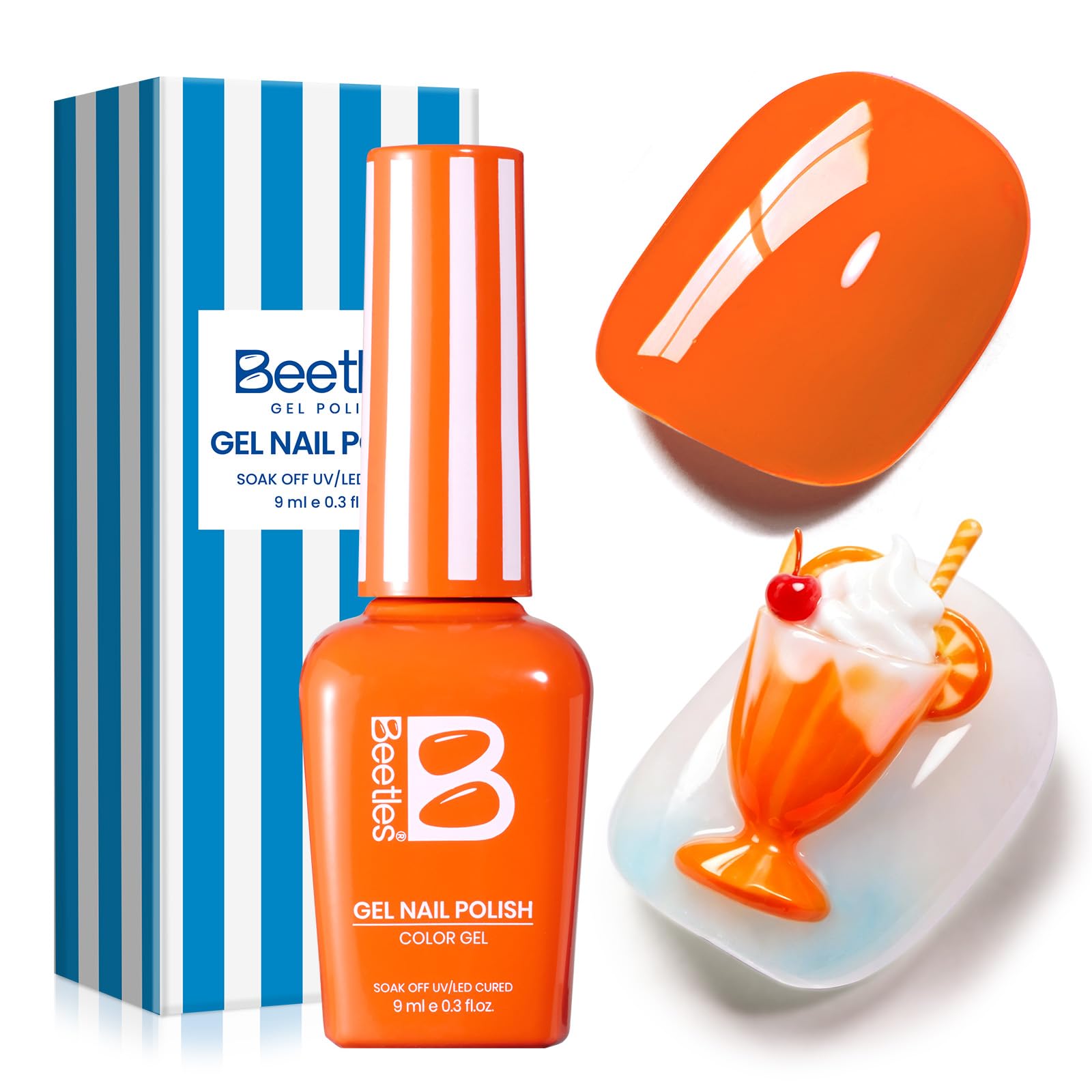 beetles Gel Polish front bottle showing bright orange shade and easy-grip cap