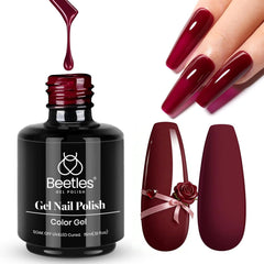 beetles gel polish oxblood red front bottle showing color and volume benefit