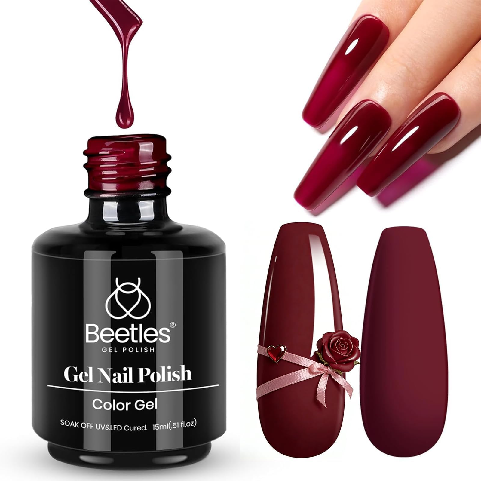 beetles gel polish oxblood topcoat glossy detail showing high-shine benefit