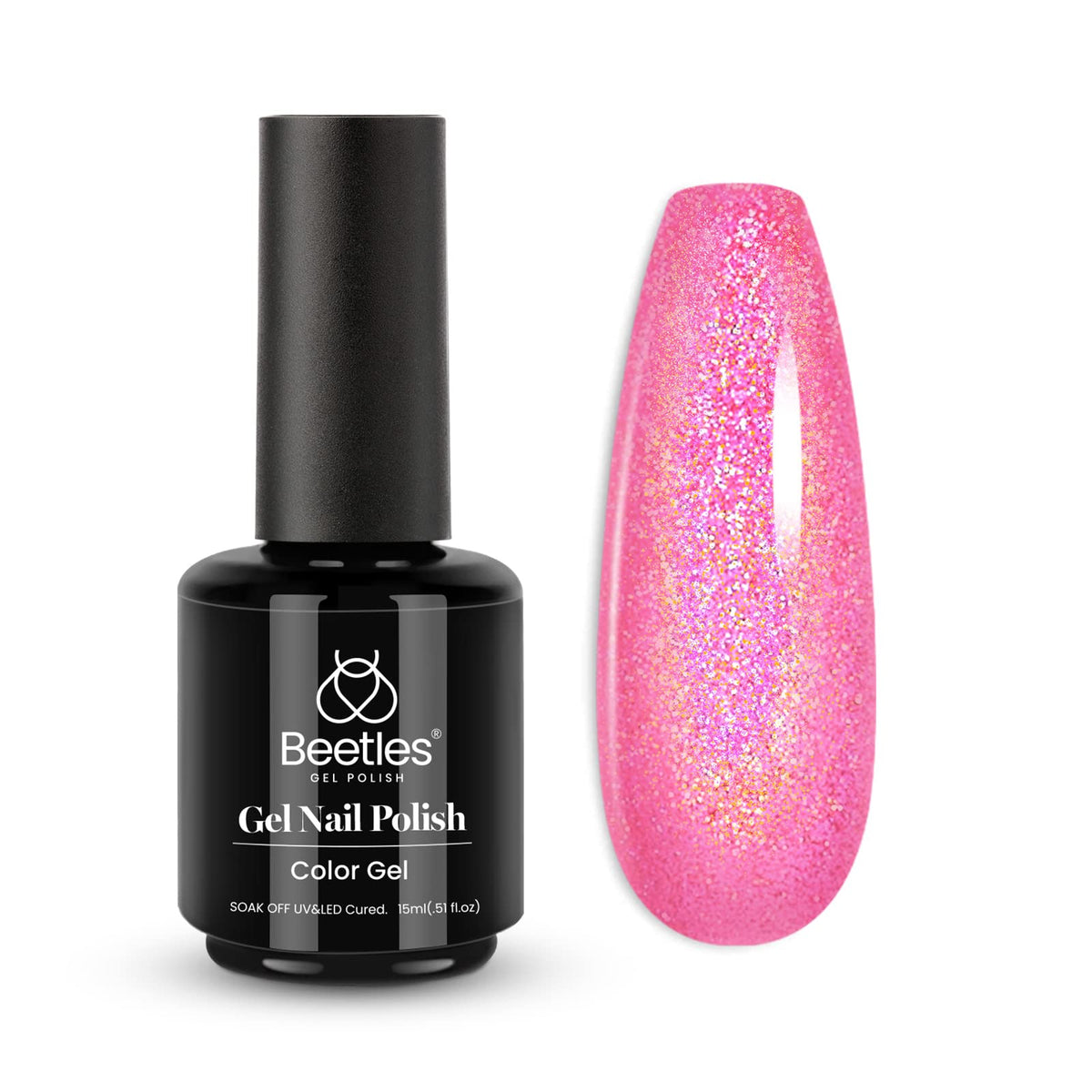 beetles front bottle showing reflective pink glitter and salon-quality shine