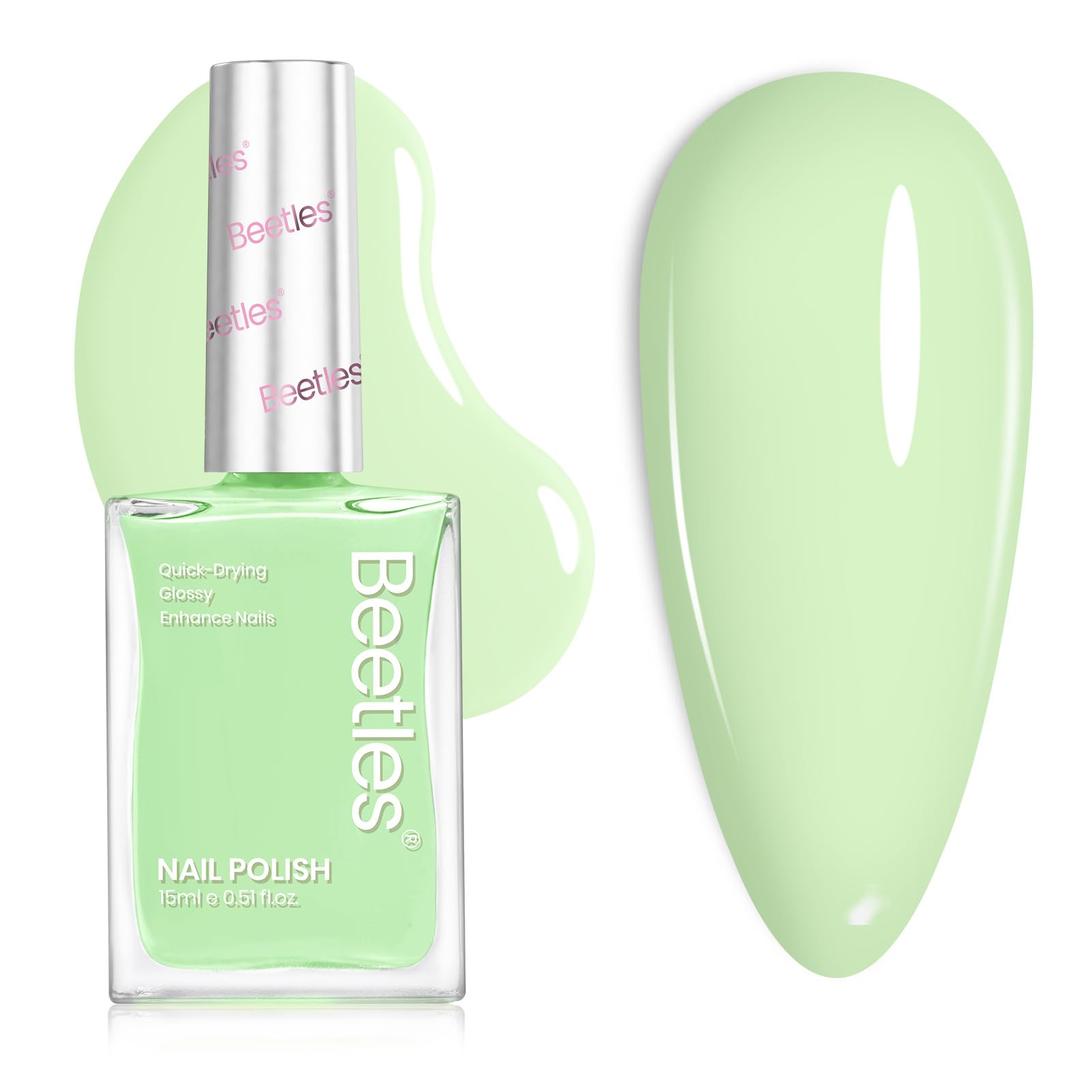 beetles bottle front view showing mint green color and glossy finish benefit