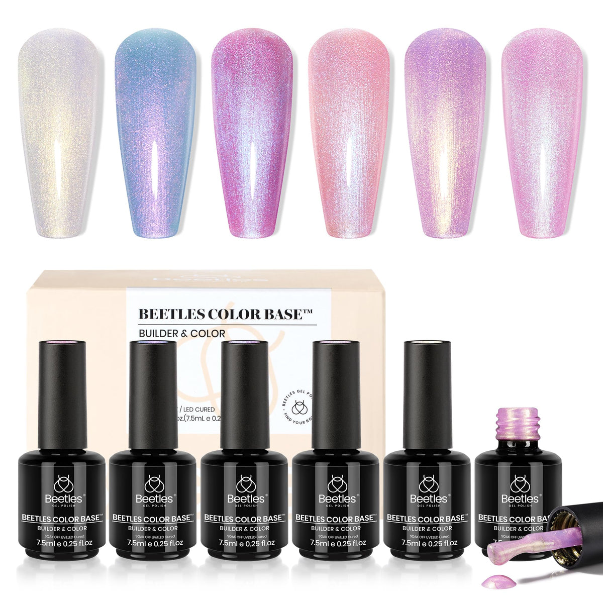 Beetles packaging showing six pastel pearl rubber base bottles and box for quick selection