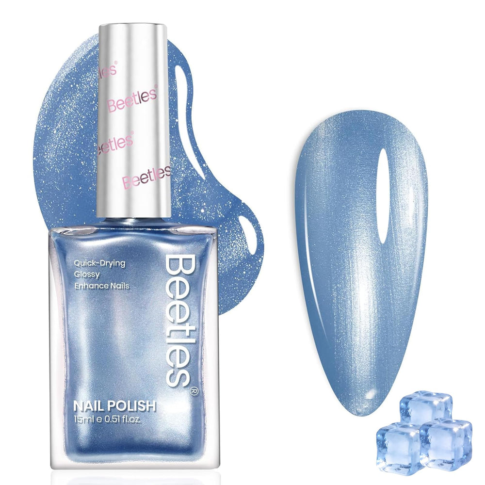 Beetles bottle front view showing pearlescent blue polish benefit long-lasting shine