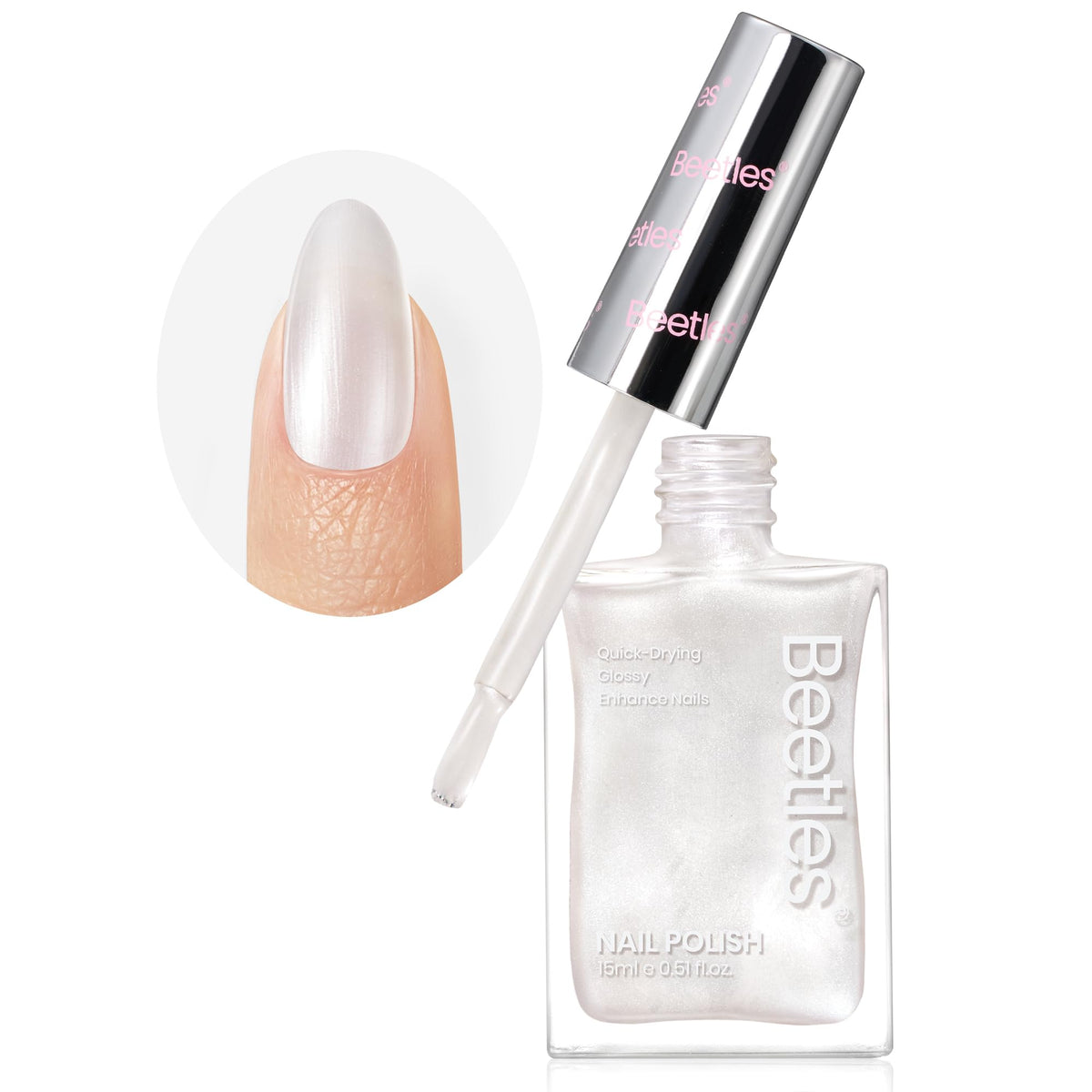 Beetles pearl white bottle front view showing compact 15ml design and label clarity