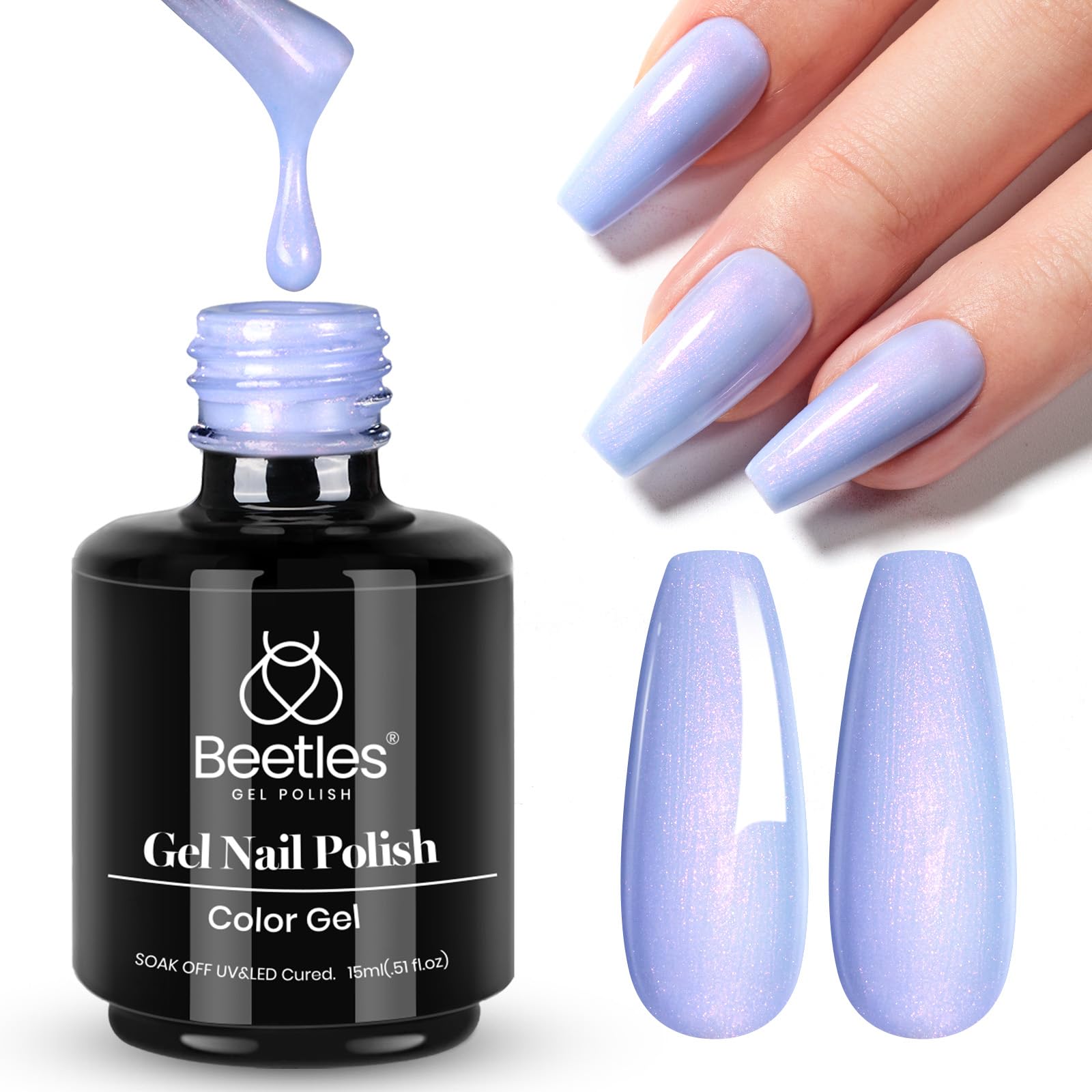 Beetles bottle front view showing periwinkle color and 15ml volume benefit