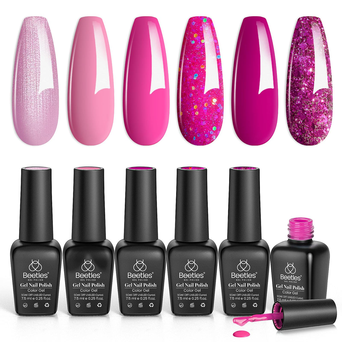 beetles Gel Polish front packaging showing six pink shades and product branding benefit: clear set identity
