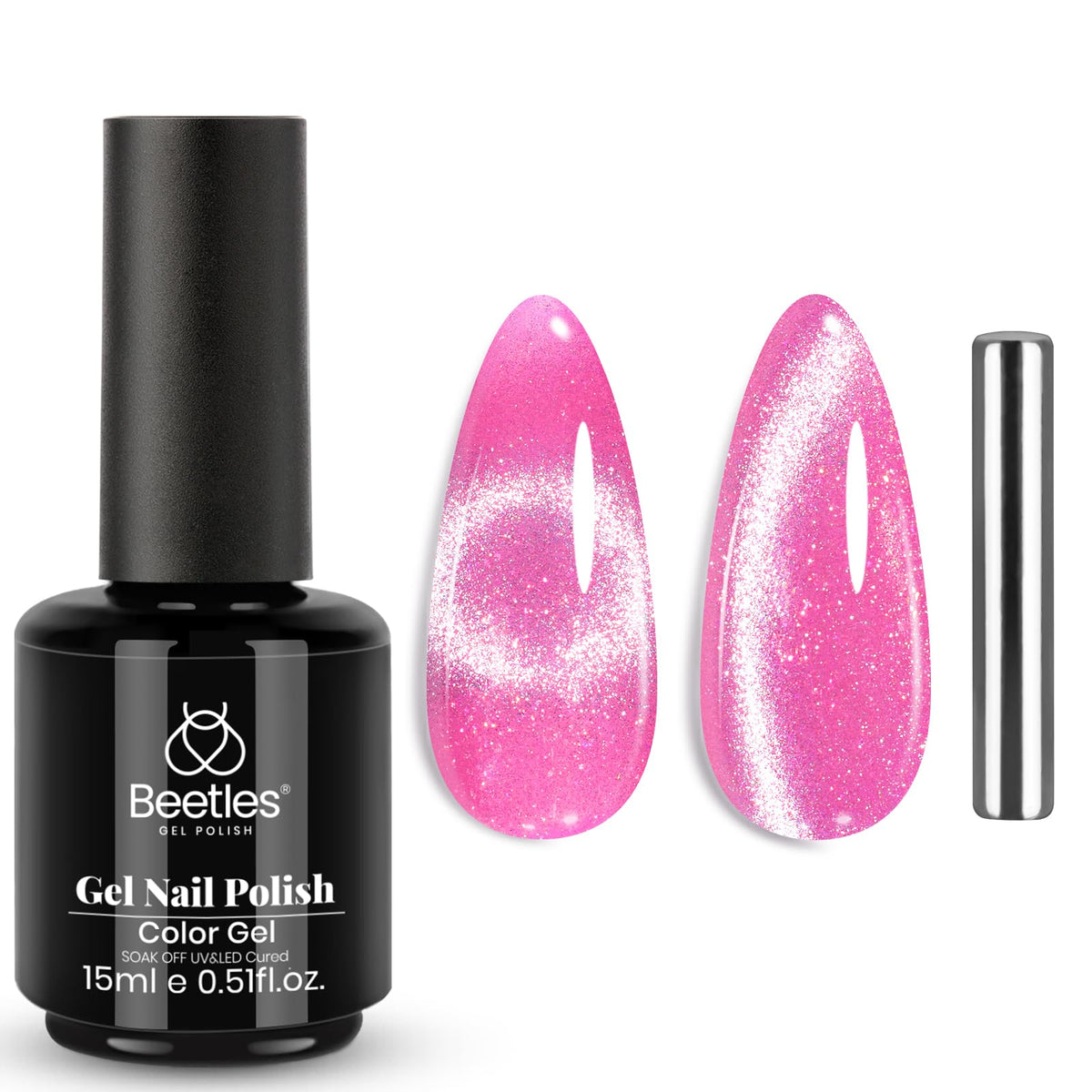 Beetles bottle front view showing pink cat eye gel polish with label and 15ml size benefit