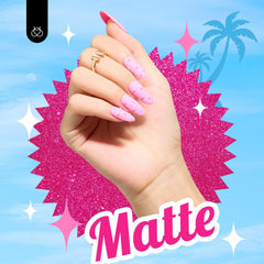 hand with beetles pink gel manicure swatch demonstrating salon finish